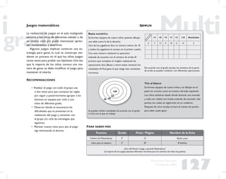 127
Propuesta Educativa
Multigrado 2005
Juegos matemáticos
La realización de juegos en el aula multigrado
permite a los niños de diferentes edades o de
un mismo ciclo y/o grado interactuar, apren-
der matemáticas y divertirse.
Algunos juegos implican construir una es-
trategia para ganar, la cual se construye me-
diante un proceso en el que los niños juegan
varias veces para probar sus hipótesis.Una vez
que la mayoría de los niños conoce una ma-
nera de ganar, se debe modiﬁcar el juego para
mantener el interés.
RECOMENDACIONES
• Realizar el juego con todo el grupo una
o dos veces para que conozcan las reglas
por seguir y posteriormente agrupar a los
alumnos en equipos por ciclo o con
niños de diferente grado.
• Observar dónde se encuentran las
diﬁcultades que se presentan en la
realización del juego y comentar con
el grupo y/o ciclo las estrategias que
siguieron.
• Plantear nuevos retos para que el juego
siga interesando al alumno.
EJEMPLOS
Basta numérico
Se forman equipos de cuatro niños, quienes dibujan
una tabla como la de la derecha.
Uno de los jugadores dice un número menor de 10
y todos los jugadores lo anotan en el primer cuadro.
Con este número realizarán la operación
indicada de acuerdo con el número de arriba. El
primero que complete el renglón realizando las
operaciones dirá: ¡Basta! y entre todos revisarán los
resultados.Al ﬁnal gana el que tenga más resultados
correctos.
+3 +8 +5 +7 +2 +10 Resultados
4 7 12 9 10 6 14 5
De acuerdo con el grado escolar, los números de la parte
de arriba se pueden combinar con diferentes operaciones.
100
50
4030
Tiro al blanco
Se forman equipos de cuatro niños y se dibujan en el
patio los círculos como se muestra del lado izquierdo.
Los niños señalarán desde dónde lanzarán una moneda
y cada uno realizá una tirada, tratando de acumular más
puntos, los cuales se registrarán en su cuaderno.
Después de cinco tiradas se hará el conteo de puntos
para saber quién ganó.Se pueden utilizar cantidades de acuerdo con el grado
o ciclo con el que se trabaje
Fuentes Grado Ficha / Página Nombre de la ﬁcha
Fichero de Matemáticas 2° 12 Quita y pon
Libro para el maestro 2° 39 El boliche
Libro del Rincón:“Juega y aprende Matemáticas”
(la mayoría de los juegos plantean diferentes versiones para los alumnos de todos los grados).
PARA SABER MÁS
 