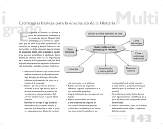 143
Propuesta Educativa
Multigrado 2005
Estrategias básicas para la enseñanza de la Historia
E
n general, la Historia se aborda a
partir de cuestionarios,resúmenes y
en ocasiones algunos dibujos. Estas
actividades por sí mismas no garan-
tizan que las niñas y los niños comprendan las
nociones de tiempo y espacio histórico, fun-
damentales en dicha asignatura. Las estrategias
de enseñanza deben estar orientadas a ayudar
a los alumnos a identiﬁcar el signiﬁcado de los
hechos, la relación entre sí y su importancia
en la historia de la humanidad o del país. Para
lograrlo se proponen las siguientes orientacio-
nes destinadas a estudiar periodos históricos:
• Seleccionar los hechos cuyas consecuencias
políticas, económicas y culturales han sido
más duraderas en el tiempo y de mucha
inﬂuencia en el desarrollo del país o en la
historia de la humanidad.
• Ubicar a las niñas y niños en el tiempo
al señalar el año o siglo de inicio y ﬁn, el
periodo o etapa anterior y posterior, las
características más representativas del
periodo y el tiempo que ha pasado desde
entonces.
• Identiﬁcar en un mapa el lugar donde se
desarrollaron los principales sucesos o
procesos de la época que se revisa y ubicar
en mapas, esquemas o dibujos los cambios
más importantes en el ambiente.
• Realizar ejercicios de imaginación
referentes a algunas características de la
vida y del medio geográﬁco.
• Imaginar la distancia que nos separa de esos
lugares.
• Explicar las actividades por realizar
y tener presentes las preguntas ¿en
qué consistió determinado periodo?,
¿cuánto duró?, ¿cuáles fueron los hechos
más importantes?, ¿cuáles fueron sus
consecuencias?, ¿qué cambió respecto a
la etapa anterior y qué permaneció?, ¿qué
heredó el país o la humanidad de ese
proceso?
• Aprovechar la curiosidad de los alumnos
sobre algunos aspectos o detalles, ya que a
partir de ellos pueden comprender hechos
fundamentales.
• Elaborar conclusiones a partir de un trabajo
de búsqueda, lectura, análisis y explicación
de la información.
Sugerencias para la
enseñanza en Historia
Lectura y análisis del texto en clase
Mapas
históricos
Historieta Esceniﬁcación
y teatro guiñol
Carta a
personajes
del pasado
Noticiario
histórico
Línea
del tiempo
 