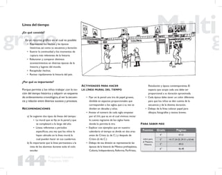 144
Propuesta Educativa
Multigrado 2005
Línea del tiempo
¿En qué consiste?
Es un recurso gráﬁco en el cual es posible:
• Representar los hechos y las épocas
históricas, así como su secuencia y duración.
• Ilustrar la continuidad y los momentos de
ruptura más relevantes de la historia.
• Relacionar y comparar distintos
acontecimientos en diversas épocas de la
historia y lugares del mundo.
• Recapitular hechos.
• Revisar rápidamente la historia del país.
¿Por qué es importante?
Porque permite a los niños trabajar con la no-
ción del tiempo histórico y adquirir un esquema
de ordenamiento cronológico,al ver la secuen-
cia y relación entre diversos sucesos y procesos.
RECOMENDACIONES
a) Se sugieren dos tipos de líneas del tiempo:
• La mural que se ﬁja en la pared y que
se completará a lo largo del año.
• Líneas referentes a periodos
especíﬁcos, una vez que los niños lo
hayan ubicado en la línea mural, la
cual pueden hacer en sus cuadernos.
b) Es importante que la línea permanezca a la
vista de los alumnos durante todo el ciclo
escolar.
ACTIVIDADES PARA HACER
LA LÍNEA MURAL DEL TIEMPO
• Fijar en la pared una tira de papel grueso,
dividida en espacios proporcionales que
corresponden a los siglos, que a su vez se
dividen en décadas y años.
• Anotar el número de cada siglo; empezar
por el XXI, que es en el cual vivimos: iniciar
la cuenta regresiva de los siglos hasta
donde lo permita la tira.
• Explicar con ejemplos que en nuestro
calendario el tiempo se divide en dos eras:
antes de Cristo (a. de C.) y después de
Cristo (d. de C.)
• Debajo de esa división se representarán las
épocas de la historia de México:prehispánica,
Colonia, Independencia, Reforma, Porﬁriato,
Fuentes Grado Páginas
Libro para
el Maestro,
Historia
4° 47-51
5° 14-17, 24-25, 29-31 y 63-66
5° 49-51
6° 46-48
PARA SABER MÁS
Revolución y época contemporánea. El
espacio que ocupe cada una debe ser
proporcional a su duración aproximada.
• Cada época debe tener un color diferente
para que los niños se den cuenta de la
secuencia y de la distinta duración.
• Debajo de la línea colocar papel para
dibujos, fotografías y textos breves.
 