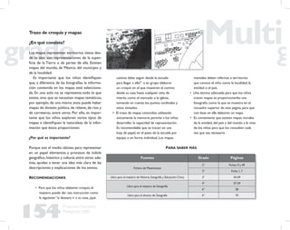 154
Propuesta Educativa
Multigrado 2005
Trazo de croquis y mapas
¿En qué consiste?
Los mapas representan territorios vistos des-
de lo alto; son representaciones de la super-
ﬁcie de la Tierra o de partes de ella. Existen
mapas del mundo, de México, del municipio y
de la localidad.
Es importante que los niños identiﬁquen
que, a diferencia de las fotografías, la informa-
ción contenida en los mapas está selecciona-
da. En uno solo no se representa todo lo que
existe, sino que se necesitan mapas temáticos;
por ejemplo, de una misma zona puede haber
mapas de división política, de relieve, de ríos y
de carreteras, entre otros. Por ello, es impor-
tante que los niños exploren varios tipos de
mapas e identiﬁquen la naturaleza de la infor-
mación que éstos proporcionan.
¿Por qué es importante?
Porque son el medio idóneo para representar
en un papel elementos y procesos de índole
geográﬁco, histórico y cultural,entre otros; ade-
más, ayudan a tener una idea más clara de las
descripciones y explicaciones de los textos.
RECOMENDACIONES
• Para que los niños elaboren croquis, el
maestro puede dar una instrucción como
la siguiente:“si deseara ir a su casa, ¿qué
camino debo seguir desde la escuela
para llegar a ella?” o en grupo elaborar
un croquis en el que muestren el camino
desde su casa hasta cualquier sitio de
interés, como el mercado o la iglesia,
tomando en cuenta los puntos cardinales y
sitios visitados.
• El trazo de mapas conocidos utilizando
únicamente la memoria permite a los niños
desarrollar la capacidad de representación.
Es recomendable que se tracen en una
hoja de papel, en el patio de la escuela por
equipo o en forma individual. Los mapas
mentales deben referirse a territorios
que conoce el niño, como la localidad, la
entidad o el país.
• Una técnica adecuada para que los niños
tracen mapas es proporcionarles una
fotografía, como la que se muestra en el
recuadro superior de esta página, para que
con base en ella elaboren un mapa.
• Es conveniente que existan mapas murales
de la entidad, del país y del mundo a la vista
de los niños para que los consulten cada
vez que sea necesario.
Fuentes Grado Páginas
Fichero de Matemáticas
2° Fichas: 9 y 49
3° Ficha: 1, 7
Libro para el maestro de Historia, Geografía y Educación Cívica 3° 54-59
Libro para el maestro de Geografía
4° 57-59
6° 58
Libro para el alumno de Geografía 6° 70
PARA SABER MÁS
 