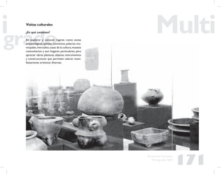 171
Propuesta Educativa
Multigrado 2005
Visitas culturales
¿En qué consisten?
En explorar y conocer lugares como zonas
arqueológicas,iglesias,conventos,palacios mu-
nicipales,mercados,casas de la cultura,museos
comunitarios y aun hogares particulares, para
apreciar obras plásticas, objetos, instrumentos
y construcciones que permiten valorar mani-
festaciones artísticas diversas.
 