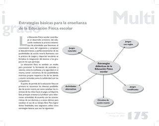 175
Propuesta Educativa
Multigrado 2005
Estrategias básicas para la enseñanza
de la Educación Física escolar
L
a Educación Física escolar contribu-
ye al desarrollo armónico del edu-
cando mediante la práctica sistemá-
tica de actividades que favorecen el
crecimiento sano del organismo y propician
el descubrimiento y perfeccionamiento de las
posibilidades de acción motriz.Asimismo, con
la práctica de juegos y deportes escolares se
fortalece la integración del alumno a los gru-
pos en los que participa.
La educación física es también un medio
para promover la formación de actitudes y
valores, como la conﬁanza y la seguridad en sí
mismo, tomar conciencia de las posibilidades
motrices propias respecto a las de los demás
y asumir actitudes como la solidaridad con los
compañeros.
El punto de partida de la educación física en
primaria es reconocer las diversas posibilida-
des de acción motriz,así como canalizar los in-
tereses de los niños hacia el juego y el deporte.
Este principio orientará al profesor para selec-
cionar actividades de acuerdo con las caracte-
rísticas de sus alumnos, y a estos últimos para
canalizar el uso de su tiempo libre. Para lograr
dichas ﬁnalidades, esta asignatura utiliza cinco
estrategias básicas, que son las siguientes:
Juegos
naturales
Juegos
con reglas
Actividades
alternativas
Circuitos de
acción motriz
Juegos
modiﬁcados
Estrategias
didácticas de la
Educación Física
escolar
 