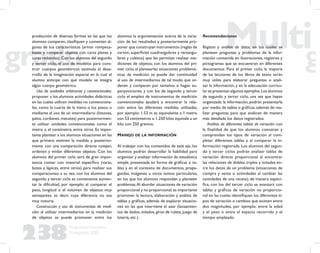 238
Propuesta Educativa
Multigrado 2005
producción de diversas formas en las que los
alumnos comparen, clasiﬁquen y comenten al-
gunas de sus características (armar rompeca-
bezas y comparar objetos con caras planas y
caras redondas).Con los alumnos del segundo
y tercer ciclo, el uso de modelos para cons-
truir cuerpos geométricos estimula el desa-
rrollo de la imaginación espacial en la cual el
alumno anticipe con qué modelo se integra
algún cuerpo geométrico.
Uso de unidades arbitrarias y convencionales:
proponer a los alumnos actividades didácticas
en las cuales utilicen medidas no convenciona-
les, como la cuarta de la mano o los pasos, o
mediante el uso de un intermediario (listones,
palos, cordones, mecates) para posteriormen-
te utilizar unidades convencionales como el
metro o el centímetro, entre otros. Es impor-
tante plantear a los alumnos situaciones en las
que primero estimen la medida y posterior-
mente con una comparación directa cotejen,
ordenen y midan diferentes objetos. Con los
alumnos del primer ciclo será de gran impor-
tancia contar con material especíﬁco (varas,
botes y lápices, entre otros) para realizar sus
comparaciones; a su vez, con los alumnos del
segundo y tercer ciclo es conveniente aumen-
tar la diﬁcultad, por ejemplo: al comparar el
peso, longitud o el volumen de objetos muy
semejantes, es decir, cuya diferencia no sea
muy notoria.
Construcción y uso de instrumentos de medi-
ción: al utilizar intermediarios en la medición
de objetos se puede promover entre los
alumnos la argumentación acerca de la varia-
ción de los resultados y posteriormente pro-
poner que construyan instrumentos (reglas de
cartón, superﬁcies cuadrangulares y rectangu-
lares y cubitos) que les permitan realizar me-
diciones de objetos; con los alumnos del pri-
mer ciclo, al plantearles situaciones problemá-
ticas de medición se puede dar continuidad
al uso de intermediarios de tal modo que or-
denen y comparen por tamaños o hagan su-
perposiciones, y con los de segundo y tercer
ciclo el empleo de instrumentos de medición
convencionales ayudará a encontrar la rela-
ción entre las diferentes medidas utilizadas,
por ejemplo: 1.53 m es equivalente a 1 metro
con 53 centímetros o 1.250 kilos equivale a un
kilo con 250 gramos.
MANEJO DE LA INFORMACIÓN
Al trabajar con los contenidos de este eje, los
alumnos podrán desarrollar la habilidad para
organizar y analizar información de estadística
simple, presentada en forma de gráﬁcas o ta-
blas y en el contexto de documentos, propa-
gandas, imágenes u otros textos particulares,
en los que los alumnos respondan y planteen
problemas.Al abordar situaciones de variación
proporcional y no proporcional,es importante
promover la lectura, elaboración y análisis de
tablas y gráﬁcas, además de explorar situacio-
nes en las que interviene el azar (lanzamien-
tos de dados,volados,giros de ruleta,juego de
lotería, etc.).
Recomendaciones
Registro y análisis de datos, en los cuales se
planteen preguntas y problemas de la infor-
mación contenida en ilustraciones, registros y
pictogramas que se encuentran en diferentes
documentos. Para el primer ciclo, la mayoría
de las lecciones de los libros de texto serán
muy útiles para elaborar preguntas o anali-
zar la información, y en la adecuación curricu-
lar se presentan algunos ejemplos.Los alumnos
de segundo y tercer ciclo, una vez que hayan
organizado la información, podrán presentarla
por medio de tablas o gráﬁcas,además de rea-
lizar preguntas para que analicen de manera
más detallada los datos registrados.
Análisis de diferentes tablas de variación con
la ﬁnalidad de que los alumnos conozcan y
comprendan los tipos de variación al com-
pletar diferentes tablas y al comparar la in-
formación registrada. Los alumnos del segun-
do y tercer ciclos podrán analizar tablas de
variación directa proporcional al encontrar
las relaciones de dobles, triples y mitades en-
tre los datos de un problema (situaciones de
compra y venta o actividades al cambiar las
cantidades de una receta); de manera especí-
ﬁca, con los del tercer ciclo se avanzará con
tablas y gráﬁcas de variación no proporcio-
nal en las cuales identiﬁquen los diferentes ti-
pos de variación o cambios que existen entre
dos magnitudes, por ejemplo: entre la edad
y el peso o entre el espacio recorrido y el
tiempo empleado.
 