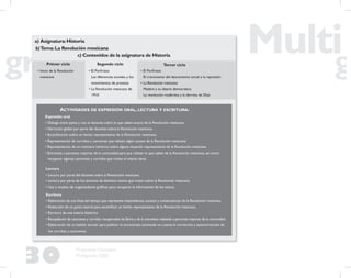 30
Propuesta Educativa
Multigrado 2005
• Inicio de la Revolución
mexicana
• El Porﬁriato
Las diferencias sociales y los
movimientos de protesta
• La Revolución mexicana de
1910
• El Porﬁriato
El crecimiento del descontento social y la represión
• La Revolución mexicana
Madero y su ideario democrático
La revolución maderista y la derrota de Díaz
c) Contenidos de la asignatura de Historia
b)Tema:La Revolución mexicana
a) Asignatura:Historia
Expresión oral
• Diálogo entre pares y con el docente sobre lo que saben acerca de la Revolución mexicana.
• Narración global por parte del docente sobre la Revolución mexicana.
• Esceniﬁcación sobre un hecho representativo de la Revolución mexicana.
• Representación de corridos y canciones que relaten algún suceso de la Revolución mexicana.
• Representación de un noticiero histórico sobre alguna situación representativa de la Revolución mexicana.
• Entrevista a personas mayores de la comunidad para que relaten lo que saben de la Revolución mexicana, así como
recuperar algunas canciones y corridos que traten el mismo tema
ACTIVIDADES DE EXPRESIÓN ORAL, LECTURA Y ESCRITURA:
Primer ciclo Segundo ciclo Tercer ciclo
Lectura
• Lectura por parte del docente sobre la Revolución mexicana.
• Lectura por parte de los alumnos de distintos textos que traten sobre la Revolución mexicana.
• Uso y empleo de organizadores gráﬁcos para recuperar la información de los textos.
Escritura
• Elaboración de una línea del tiempo que represente antecedentes, sucesos y consecuencias de la Revolución mexicana.
• Redacción de un guión teatral para esceniﬁcar un hecho representativo de la Revolución mexicana.
• Escritura de una noticia histórica.
• Recopilación de canciones y corridos recuperados de libros y de la entrevista realizada a personas mayores de la comunidad.
• Elaboración de un boletín escolar para publicar lo encontrado (tomando en cuenta la corrección y autocorrección de
los corridos y canciones).
 