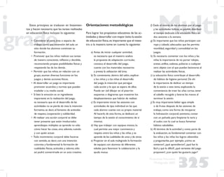 325
Propuesta Educativa
Multigrado 2005
Estos principios se traducen en lineamien-
tos y hacen necesario que las tareas realizadas
en educación física incluyan lo siguiente:
• Considerar el patio, área o espacio de
trabajo como una extensión del aula: un
sitio donde los alumnos continúen su
formación.
• Promover que los niños realicen sus tareas
de manera consciente, reﬂexiva y decidida,
reconociendo propias posibilidades físicas y
respetando las de los demás.
• Permitir que los niños, en relación con un
grupo, asuman diversas funciones en los
juegos y demás acciones físicas.
• Al desarrollar un juego es importante
promover acuerdos y normas que puedan
trasladar a su medio social.
• Si bien la emoción es un ingrediente
importante en la realización del juego,
es necesario que en el desarrollo de las
actividades no se pierda de vista la intención
formativa, es decir, el fomento de actitudes
de respeto, cooperación y solidaridad.
• Al realizar una acción corporal se debe
tener presente que están involucrados
aprendizajes múltiples: se aprende no sólo
cómo hacer las cosas, sino además, cuándo
y con quién actuar.
• Todo movimiento corporal debe hacerse
con sentido, es decir, con una intención
concreta y fundamental: la formación de
cualidades físicas, actitudes y valores; sólo
así podrá convertírsele en un acto creativo.
Orientaciones metodológicas
Para lograr los propósitos educativos de las ac-
tividades y desarrollar con mayor éxito la sesión
de educación física,es importante que el maes-
tro o la maestra tome en cuenta lo siguiente:
a) Antes de iniciar cualquier actividad,
es necesario que el maestro analice
la propuesta de adaptación curricular,
conozca el desarrollo del juego,
cuente con los materiales necesarios
y prevea la utilización del área.
b) Es conveniente, dentro del salón, explicar
a los niños y a las niñas el desarrollo
del juego, la intención que persigue
cada acción y lo que se espera de ellos.
Puede ser útil dibujar en el pizarrón
esquemas o diagramas que muestren los
desplazamientos que habrán de realizar.
c) Es importante iniciar las sesiones con
actividades de tipo individual en las que
cada alumno cuente con su propio material.
Al hacerlo de esta forma, se dedicará un
tiempo de la sesión al conocimiento de sí
mismos.
d) Hay que trabajar con equipos mixtos, lo
cual permite una mejor convivencia y
respeto entre los niños y las niñas y se
aprende de las cualidades de unos y de otros.
e) Propiciar en el aula multigrado la formación
de equipos con alumnos de diferentes
edades para favorecer la colaboración y la
ayuda mutua.
f) Dado el interés de los alumnos por el juego
y las actividades lúdicas, es posible distribuir
el tiempo dedicado a la educación física en
dos sesiones a la semana.
g) Es importante que los niños participen con
ropa y calzado adecuados que les permita
movilidad, seguridad y comodidad en los
juegos.
h) Es necesario comentar con los niños y las
niñas la importancia de no portar relojes,
aretes, anillos, cadenas, pulseras o cualquier
otro objeto con el que puedan lesionarse al
realizar las actividades físicas.
i) La educación física contribuye al desarrollo
de hábitos de higiene personal. De ahí
la importancia de dedicar un tiempo
de la sesión a este tema, explicando la
conveniencia de traer las uñas cortas, tener
el cabello recogido y lavarse las manos al
terminar la sesión.
j) Es muy importante beber agua simple
o de frutas después de las sesiones de
trabajo, como una forma de recuperar
la hidratación corporal; asimismo, contar
con un pañuelo para limpiarse la nariz y
el sudor, con lo cual se busca fomentar
hábitos saludables.
k) Al término de la actividad y como parte de
la evaluación, es fundamental comentar con
los niños y las niñas los logros obtenidos
y preguntarles, por ejemplo: ¿cómo se
sintieron?, ¿qué aprendieron?, ¿qué fue lo
fácil y qué lo difícil?, ¿qué variantes del juego
proponen?, ¿con quién les gustaría jugar?
 