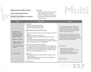 327
Propuesta Educativa
Multigrado 2005
Sugerencia de un plan de clase
CIRCUITO DE ACCIÓN MOTRIZ
Actividad central: equilibrios y malabares
Intenciones:
• Propiciar cambios de posición del cuerpo:
de pie, hincado, sentado y acostado.
• Favorecer la capacidad de concentración
para anticipar la trayectoria de la pelota
y poder atraparla.
Inicio Desarrollo Cierre
• Para iniciar la sesión,
presente a los alumnos
la propuesta de trabajo y
organice al grupo para la
actividad. Por ejemplo:
- Explique en el pizarrón
- Pregunte si saben en qué
consiste la actividad
- Utilice esquemas, gráﬁcos
y dibujos
Tiempo: 10 minutos
Es importante:
• Propiciar una participación equitativa
• Proponer ejemplos que faciliten la tarea
• Observar las relaciones interpersonales
Organización del circuito de acción motriz:
• Forme cinco equipos con el mismo número de integrantes de diversas
edades
• Asigne a cada equipo un número del 1 al 5
• De acuerdo con el número otorgado, cada equipo se coloca en la
estación (E)
• Cada equipo permanece en ella durante 2 minutos y a la señal los
alumnos colocan el material en su lugar y pasan caminando a la siguiente
• Realice dos rotaciones o turnos por cada estación
Circuito de acción motriz: “Equilibrios y malabares”
E1: lanzar la pelota hacia arriba e intentar atraparla con las manos atrás
de la espalda; E2: lanzar la pelota hacia arriba, dar un giro y atraparla; E3:
lanzar la pelota hacia arriba y atraparla sentado o hincado; E4: lanzar la
pelota hacia arriba, tocar alguna parte del cuerpo y atraparla, y E5: lanzar
la pelota con una mano y atraparla con la otra
Observaciones:
• Que controlen el cuerpo y atrapen la pelota en el momento en que
cambian de posición
• Tomen distancia ante las trayectorias de la pelota para atraparla de
acuerdo con la consigna dada
Tiempo: 30 minutos
En esta etapa se sugiere realizar actividades de
menor intensidad que permita la recuperación
cardiovascular de cada niño, por ejemplo alguna
canción o un juego sencillo, así como hacer una
valoración de la actividad realizada
Escuchar demandas e inquietudes por los niños,
plantear preguntas, aceptar propuestas, promover
la participación verbal de los alumnos a partir de la
vivencia y preguntar ¿qué les gustó del juego? y ¿qué
proponen para que se mejore el juego?
¿Qué observar?
• Que todos los niños participen
• La inventiva de los niños y niñas al proponer
formas para atrapar la pelota
• Eviten empujones o empellones entre ellos
• Respeto y tolerancia de todo el grupo
Tiempo: 10 minutos
 