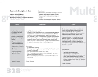 328
Propuesta Educativa
Multigrado 2005
Sugerencia de un plan de clase
JUEGOS MODIFICADOS
Actividad central: el beisbol de dos bases
Intenciones:
• Favorecer el pensamiento estratégico al buscar
espacios vacíos dentro del área de juego.
• Incrementar la colaboración y trabajo en
equipo
• Propiciar la comunicación en ambos equipos
Inicio Desarrollo Cierre
• Explique a los niños cuál
es el objetivo del juego
por realizar
• Presente a los alumnos la
propuesta de trabajo, por
ejemplo:
- Preguntando si saben en
qué consiste la actividad.
- Explicando en el pizarrón
- En el patio
- Utilizando esquemas,
gráﬁcos y dibujos
Tiempo: 10 minutos
Juego: “El beisbol de dos bases”
Organice al grupo en dos equipos con el mismo número de jugadores,
marque la zona de carreras con los dos conos (separados a 8 m uno
del otro en línea recta), explique que un equipo inicia bateando y el
otro atrapando la pelota. El niño que batea tratará de golpear la pelota
lo más lejos posible para que tenga oportunidad de realizar el mayor
número de carreras de un cono a otro, antes de ser tocado con la
pelota que atrapó el equipo contrario. Cuando todos los integrantes de
un equipo han bateado, se realiza el cambio de posiciones
Observaciones:
• La participación en equipo
• Que los participantes golpeen con precisión la pelota hacia los espacios
libres del área de juego
• Que corran evitando ser tocados por la pelota
• Que el equipo que atrapa toque con la pelota al jugador que bateó y
que, por tanto, realiza las carreras
• Para favorecer mayor participación es conveniente hacer dos o hasta
tres canchas
Tiempo: 30 minutos
En esta etapa se sugiere realizar actividades de
menor intensidad que permita la recuperación
cardiovascular de cada niño, por ejemplo:
alguna canción o un juego sencillo, así como hacer
una valoración de la actividad llevada a cabo.
Pregunte a los niños si la actividad fue divertida
Pida a los alumnos que describan verbalmente
el objetivo del juego y expliquen por qué es
importante ponerse de acuerdo para jugar, así
como la forma como resolvieron los problemas que
planteaba la actividad
¿Qué observar?
• Que todos los niños participen
• Que controlen el cuerpo al correr
• Que tomen distancia ante las trayectorias de la
pelota, ya sea para atraparla o para pegarle
• La comunicación dentro de ambos equipos para
ponerse de acuerdo en las tareas por realizar de
cada integrante
Tiempo: 10 minutos
 