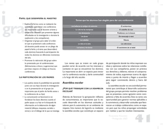 41
Propuesta Educativa
Multigrado 2005
PAPEL QUE DESEMPEÑA EL MAESTRO
• Explicar la forma como se realizarán las
actividades para iniciar una conferencia
(es importante que el docente oriente y
apoye a los alumnos que presentan algunas
diﬁcultades en la investigación o durante la
explicación a los compañeros).
• Organizar al grupo para saber el orden
en que se presentará cada conferencia
(el docente puede anotar en un pliego de
papel la fecha y el tema que desarrollará
cada alumno), buscando la participación de
todos los alumnos en diferentes momentos
del año.
• Promover la valoración del grupo sobre
lo presentado por el conferenciante
(felicitaciones, críticas y sugerencias) que
permitan mejorar el trabajo en futuras
conferencias.
LA PARTICIPACIÓN DE LOS PADRES
• Los padres tienen la posibilidad de aprender
junto con sus hijos durante la investigación
o en la presentación en el grupo (es
importante que el padre de familia asista a
la conferencia de su hijo).
• La comunicación se favorecerá si se
fortalecen los lazos afectivos cuando el
padre apoya a su hijo en la búsqueda de
información, en la elaboración de algún
material (dibujos, maquetas, carteles u
otros) o en el diálogo de lo que se investiga.
Temas que los alumnos han elegido para dar una conferencia
Las ballenas en peligro de extinción El ornitorrinco
La vida de las mariposas El caballito de mar
Los dinosaurios Problemas con la basura
Las focas De renacuajo a rana
Los caballos Víboras
La vida en la selva Las adicciones
Las leonas y los leones El nacimiento de un bebé
Los temas que se traten en cada grupo
pueden variar de acuerdo con los intereses y
contexto en que se encuentran los alumnos.
Lo importante es abrir un espacio para iniciar
con la conferencia escolar y darle continuidad
a lo largo del año escolar.
Asamblea escolar
¿POR QUÉ TRABAJAR CON LA ASAMBLEA
ESCOLAR?
Además de favorecer la apropiación reﬂexiva
de conocimientos, es importante que la es-
cuela desarrolle en los alumnos actitudes y
valores para la autonomía, en un ambiente de
respeto. Una manera de lograrlo es mediante
la asamblea escolar, que constituye un espacio
de participación donde los niños expresan sus
ideas y opiniones sobre las relaciones cotidia-
nas con sus compañeros, ponen en práctica
sus derechos y deberes, valoran el comporta-
miento de todos, argumentan acerca de algún
tema o punto de interés y llegan a acuerdos
para seguir conviviendo dentro y fuera del
aula.
La asamblea escolar es una actividad perma-
nente que contribuye al desarrollo autónomo
del grupo,porque permite resolver problemas
que se presentan, como agresión entre com-
pañeros o falta de acuerdos. Esto es tanto una
oportunidad para generar normas aplicables a
la convivencia y desarrollar actitudes que favo-
rezcan un trabajo colaborativo,como un espa-
cio para que los niños propongan actividades
por realizar y que les resulten interesantes.
 