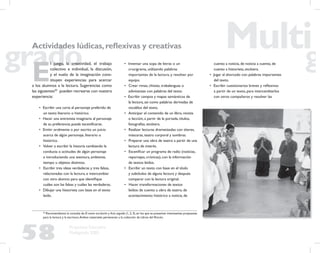 58
Propuesta Educativa
Multigrado 2005
Actividades lúdicas,reﬂexivas y creativas
E
l juego, la creatividad, el trabajo
colectivo e individual, la discusión,
y el vuelo de la imaginación cons-
tituyen experiencias para acercar
a los alumnos a la lectura. Sugerencias como
las siguientes20
pueden recrearse con nuestra
experiencia:
• Escribir una carta al personaje preferido de
un texto literario o histórico.
• Hacer una entrevista imaginaria al personaje
de su preferencia; puede esceniﬁcarse.
• Emitir oralmente o por escrito un juicio
acerca de algún personaje, literario o
histórico.
• Volver a escribir la historia cambiando la
conducta o actitudes de algún personaje
e introduciendo una aventura, ambiente,
tiempo u objetos distintos.
• Escribir tres ideas verdaderas y tres falsas,
relacionadas con la lectura, e intercambiar
con otro alumno para que identiﬁque
cuáles son las falsas y cuáles las verdaderas.
• Dibujar una historieta con base en el texto
leído.
• Inventar una sopa de letras o un
crucigrama, utilizando palabras
importantes de la lectura, y resolver por
equipo.
• Crear rimas, chistes, trabalenguas o
adivinanzas con palabras del texto.
• Escribir campos y mapas semánticos de
la lectura, así como palabras derivadas de
vocablos del texto.
• Anticipar el contenido de un libro, revista
o lección, a partir de la portada, títulos,
fotografías, etcétera.
• Realizar lecturas dramatizadas con títeres,
máscaras, teatro corporal y sombras.
• Preparar una obra de teatro a partir de una
lectura de interés.
• Esceniﬁcar un programa de radio (noticias,
reportajes, crónicas), con la información
de textos leídos.
• Escribir un texto con base en el título
y subtítulos de alguna lectura y después
comparar con la lectura original.
• Hacer transformaciones de textos
leídos: de cuento a obra de teatro, de
acontecimiento histórico a noticia, de
cuento a noticia, de noticia a cuento, de
cuento a historieta, etcétera.
• Jugar al ahorcado con palabras importantes
del texto.
• Escribir cuestionarios breves y reﬂexivos
a partir de un texto, para intercambiarlos
con otros compañeros y resolver las
20
Recomendamos la consulta de El nuevo escriturón y Acto seguido (1, 2, 3), en los que se presentan interesantes propuestas
para la lectura y la escritura.Ambos materiales pertenecen a la colección de Libros del Rincón.
 