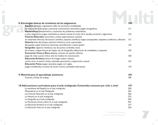 7
Propuesta educativa
para escuelas Multigrado
8. Estrategias básicas de enseñanza de las asignaturas 109
Español: discusión organizativa, taller de escritores, modalidades
de lectura, diario de grupo y personal, conversación, entrevistas, juegos ortográﬁcos 111
Matemáticas: planteamiento y resolución de problemas; matemáticas
y otras asignaturas, juegos matemáticos, cálculo mental, el rincón de la tiendita, seriación y algoritmos 124
Ciencias Naturales: recorridos y visitas, experimentos, consulta
en materiales diversos, diccionario cientíﬁco, cápsulas cientíﬁcas, mapas conceptuales, maquetas, artefactos y álbumes 131
Historia: línea del tiempo, noticiario histórico, carta a personajes
del pasado, mapas históricos, historieta, esceniﬁcación y teatro guiñol 143
Geografía: registros climáticos, uso de puntos cardinales, trazo
de croquis y mapas, lectura de mapas, uso de fotografías, elaboración de modelados y maquetas 150
Formación Cívica y Ética: debates, artículos de opinión, dilemas,
juego de roles y juicio crítico ante los medios de comunicación 160
Educación Artística: lectura de imagen, bailes y danzas,
¿cómo mirar el teatro?, visitas culturales, apreciación y exploración musical 167
Educación Física: juegos naturales, juegos con reglas,
juegos modiﬁcados, circuitos de acción motriz, actividades alternativas 175
9. Material para el aprendizaje autónomo 183
Guiones y Fichas de trabajo 184
10.Adecuaciones curriculares para el aula multigrado. Contenidos comunes por ciclo o nivel 197
La enseñanza del Español en el aula multigrado 204
Matemáticas en el aula Multigrado 232
Las Ciencias Naturales en el aula multigrado 262
La Historia en el aula multigrado 275
La Geografía en el aula multigrado 292
La Formación Cívica y Ética en el aula multigrado 301
La Educación Artística en el aula multigrado 313
La Educación Física en el aula multigrado 324
 