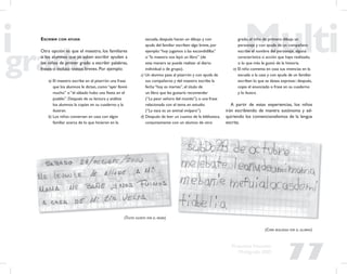 77
Propuesta Educativa
Multigrado 2005
ESCRIBIR CON AYUDA
Otra opción es que el maestro, los familiares
o los alumnos que ya saben escribir ayuden a
los niños de primer grado a escribir palabras,
frases o incluso textos breves. Por ejemplo:
a) El maestro escribe en el pizarrón una frase
que los alumnos le dictan, como “ayer llovió
mucho” o “el sábado hubo una ﬁesta en el
pueblo”. Después de su lectura y análisis
los alumnos la copian en su cuaderno y la
ilustran.
b) Los niños conversan en casa con algún
familiar acerca de lo que hicieron en la
escuela, después hacen un dibujo y con
ayuda del familiar escriben algo breve, por
ejemplo:“hoy jugamos a las escondidillas”
o “la maestra nos leyó un libro” (de
esta manera se puede realizar el diario
individual o de grupo).
c) Un alumno pasa al pizarrón y con ayuda de
sus compañeros y del maestro escribe la
fecha “hoy es martes”, el título de
un libro que les gustaría recomendar
(“La peor señora del mundo”), o una frase
relacionada con el tema en estudio
(“La vaca es un animal vivíparo”).
d) Después de leer un cuento de la biblioteca,
conjuntamente con un alumno de otro
(TEXTO ESCRITO POR EL PADRE)
(COPIA REALIZADA POR EL ALUMNO)
grado, el niño de primero dibuja un
personaje y con ayuda de un compañero
escribe el nombre del personaje, alguna
característica o acción que haya realizado,
o lo que más le gustó de la historia.
e) El niño comenta en casa sus vivencias en la
escuela o la casa y con ayuda de un familiar
escriben lo que se desea expresar; después,
copia el enunciado o frase en su cuaderno
y lo ilustra.
A partir de estas experiencias, los niños
irán escribiendo de manera autónoma y ad-
quiriendo los convencionalismos de la lengua
escrita.
 