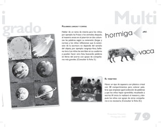 79
Propuesta Educativa
Multigrado 2005
PALABRAS LARGAS Y CORTAS
Hablar de un tema de interés para los niños,
por ejemplo:las frutas o los animales;después,
el maestro anota en el pizarrón en dos colum-
nas las palabras según su extensión (largas y
cortas) y los niños reﬂexionan que la exten-
sión de la escritura no depende del tamaño
del objeto, por ejemplo: cangrejo–foca, balle-
na–loro.Los niños las escriben en su cuaderno
y pueden hacer otra lista, buscando palabras
en libros del acervo con apoyo de compañe-
ros más grandes. (Consultar la ﬁcha 3.)
EL TARJETERO
Hacer un tipo de zapatero con plástico cristal
con 28 compartimentos para colocar pala-
bras que empiezan igual (colección de palabras)
y que los niños hayan aprendido, visualizado y
escrito.Al inicio lo realizará el maestro y des-
pués los niños con apoyo de otros compañe-
ros si es necesario. (Consultar la ﬁcha 25.)
 