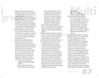 87
Propuesta Educativa
Multigrado 2005
c) Propósito. En este apartado se anota el
propósito del tema común, que expresará
de manera integrada el conjunto de conoci-
mientos, habilidades y actitudes que se
pretende lograr con el tema a desarrollar,por
ejemplo: si el tema es “Las enfermedades”,
el propósito sería “Que los alumnos
identiﬁquen las principales enfermedades
de la comunidad, las formas de atenderlas
y que apliquen las medidas preventivas que
estén a su alcance en su vida personal”.
d) Contenidos por ciclo. A partir del tema
común se deben indicar los contenidos
especíﬁcos que se trabajarán en cada ciclo
o, si es necesario, incluso por grado. Para
ello se requiere consultar la adecuación
curricular respectiva.
e) Actividades de lenguaje (expresión oral,
escritura y lectura) que se desarrollan
con dicho tema. Frecuentemente en las
asignaturas de Ciencias Naturales, Historia,
Geografía y Educación Cívica predominan
actividades como los cuestionarios
mecánicos, resúmenes textuales y copias.
Con la intención de superar este tipo
de prácticas es importante que en la
planeación se incluyan actividades de
lenguaje para desarrollar de manera
reﬂexiva los contenidos, por ejemplo:
• expresión oral: descripciones,
exposiciones, entrevistas, diálogos
y debates.
• lectura: consultar información en
diversas fuentes, lectura en silencio
y/o en voz alta de diversos textos,
estrategias de comprensión lectora…
• escritura: producción de escritos
para una diversidad de contextos y
destinatarios, mapas conceptuales,
guiones de entrevista, diccionario
enciclopédico, folletos, trípticos,
periódico mural, boletín escolar…
Como muchas escuelas multigrado se
ubican en contextos indígenas, es necesario
indicar las actividades que se realizarán en
español y las que se trabajarán en lengua
indígena.
f) Materiales. En este apartado es conveniente
anotar las referencias tanto de los libros de
texto como otros materiales de apoyo o
recursos didácticos que se utilizarán.
g) Actividad inicial. Con el propósito de centrar
la atención de los alumnos en el tema
en estudio se sugiere iniciar con una
actividad común para todo el grupo. En
esta etapa es muy importante recuperar
los conocimientos de los niños y los
saberes locales de la comunidad, por
ejemplo: si se trata el tema de la salud, se
puede solicitar a los niños que comenten
acerca de los tipos de plantas medicinales
que hay en su comunidad y los tipos de
padecimientos que curan. Esta “lluvia de
ideas” sobre aspectos relevantes del tema
puede basarse en los siguientes puntos, que
además conviene escribir en el pizarrón o
en pliegos de papel para orientar el trabajo
a desarrollar con los alumnos:
• Qué sabemos.
• Qué queremos saber.
• Dónde lo podemos aprender.
Otras actividades iniciales pueden ser:
• Un recorrido por la comunidad.
• La narración de algún acontecimiento.
• Elaboración de dibujos respecto a lo
que los niños saben del tema, para
después compartirlo con el grupo.
• Realización de algún juego: lotería,
dominó, jugar a la tiendita, etcétera.
• Una lectura en voz alta por el docente.
• Exploración de materiales por los
alumnos.
h) Actividades diferenciadas por ciclo y/o grado.
Después de partir de una situación común
para todo el grupo, el docente asigna
actividades especíﬁcas por ciclo para
abordar los contenidos correspondientes.
En este apartado es necesario cuidar el
nivel de diﬁcultad de las actividades para
cada ciclo, así como su pertinencia al
estudiar determinado tema, es decir,
visualizar qué actividades pueden asignarse
a cada ciclo o grado. Por ejemplo: para el
primer ciclo sería posible elaborar dibujos,
maquetas, carteles sencillos, textos con
ayuda del maestro o los compañeros; en el
segundo ciclo puede haber actividades como
elaboración de folletos, trípticos, historietas
y carteles más elaborados; y los alumnos de
tercer ciclo podrían escribir cápsulas
informativas, esquemas, mapas conceptuales,
folletos,historietas o trípticos más complejos.
 