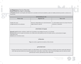 93
Propuesta Educativa
Multigrado 2005
a) Asignatura: Ciencias Naturales.
b) Tema común: Salud e higiene. Las enfermedades.
c) Propósito: Identiﬁcar las principales enfermedades de la comunidad y las formas de atenderlas y aplicar las medidas preventivas que estén a su alcance en su
vida personal.
d) Contenidos por ciclo
Primer ciclo Segundo ciclo Tercer ciclo
Cuidados del cuerpo
La higiene personal y de los alimentos
Elementos indispensables para la salud: alimentación,
higiene, descanso y ejercicio
Las enfermedades locales más comunes. Formas de
prevención y tratamiento
e) Actividades de lenguaje
Expresión oral: Entrevistas a miembros y médico de la comunidad, así como diálogo entre pares y con el docente.
Escritura: Elaboración de un guión de entrevista y de un folleto sobre enfermedades, escritura de remedios caseros, y cartel preventivo de alguna
enfermedad común.
Lectura: Lectura de diversos textos.
f) Materiales
Pliegos de cartulina o papel bond, marcadores y libros de texto.
g) Actividad inicial
En grupo, el docente inicia la conversación respecto a las enfermedades, a partir de distintas cuestiones, por ejemplo: ¿qué sienten cuando están enfermos?,
¿cómo saben qué están enfermos?, ¿en qué partes sienten dolor?, ¿cómo saben si tienen ﬁebre o están malos del estómago?, ¿qué otros males han tenido?,
¿qué hacen para curarse? y ¿qué hacen para evitar enfermarse?
 