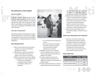 149
Propuesta Educativa
Multigrado 2005
Esceniﬁcación y teatro guiñol
¿En qué consiste?
En deﬁnir un tema y argumento para la repre-
sentación teatral que puede derivarse de una
narración que haga el profesor, de la lectura
del libro de texto o de la consulta de otros
libros y documentos.La esceniﬁcación se rela-
ciona con las asignaturas de Español y Edu-
cación Artística
¿Por qué es importante?
Contribuye a aﬁanzar el orden de los aconteci-
mientos históricos, así como ayuda a imaginar
y comprender formas de vida y pensamiento
del pasado y el comportamiento de actores
especíﬁcos.
RECOMENDACIONES
a) Que los niños seleccionen los personajes
y busquen un carácter que los deﬁna y
diferencie de los demás.
b) Que ubiquen y caractericen los espacios
donde se desarrollan las acciones y el
tiempo en que transcurren los hechos.
c) Elaborar el argumento en forma de diálogo
o monólogos, en los cuales se debe marcar:
• Las intenciones de diálogos y
monólogos (estados de ánimo).
• Las entradas y salidas de los
personajes.
• Las acciones físicas que realizarán los
actores.
• El uso que harán de la escenografía.
• Para darles veracidad se emplean
formas particulares del habla
(regional, uso en la época)
d) Establecer los actos en que se llevará a
cabo la esceniﬁcación, aquí es necesario
situar los antecedentes, el desarrollo y el
desenlace del conﬂicto.
e) La obra se organiza en escenas que
representan situaciones históricas (una
huelga, una entrevista entre personajes, una
batalla, etcétera).
f) En teatro guiñol, la elaboración de títeres es
importante porque los niños caracterizan
cada personaje. Los títeres se confeccionan
con material a la mano (bolsas de papel,
calcetines, tela, cajas de cartón y estambre).
g) Después de la esceniﬁcación es necesario
comentar. Se pueden formular las siguientes
preguntas para orientar los comentarios
de los niños: ¿qué entendieron de la obra?
y ¿qué opinan?, además de preguntas
especíﬁcas relativas al hecho histórico
representado, por ejemplo: ¿cómo vivían lo
campesinos en la época de Porﬁrio Díaz?
h) Tener presente que el objetivo de los
comentarios es llegar a conclusiones acerca
del tema.
PAPELDELAPROFESORAYDELPROFESOR
• Incentivar a los niños y niñas para que
les atraiga la idea de elaborar el guión y
representarlo.Apoyar en la selección de
personajes y caracterización de espacios.
• Situar los antecedentes, el desarrollo y
el desenlace del conﬂicto, además de
favorecer el juicio crítico de los niños en
los comentarios al ﬁnal de la obra.
Fuentes Grado Páginas
Libro para el maestro,Historia,
Geografía y Educación Cívica
3° 48-49
Libro para el maestro, Historia
4° 60-61
6° 54-56
PARA SABER MÁS
 