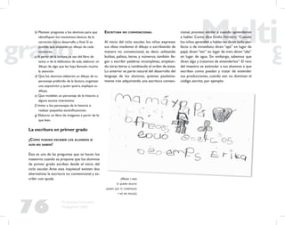 76
Propuesta Educativa
Multigrado 2005
b) Plantear preguntas a los alumnos para que
identiﬁquen los momentos básicos de la
narración: inicio, desarrollo y ﬁnal. Si es
posible, que elaboren un dibujo de cada
momento.
c) A partir de la lectura, ya sea del libro de
texto o de la biblioteca de aula, elaborar un
dibujo de algo que les haya llamado mucho
la atención.
d) Que los alumnos elaboren un dibujo de su
personaje preferido de la lectura, organizar
una exposición y, quien quiera, explique su
dibujo.
e) Que modelen un personaje de la historia o
alguna escena interesante.
f) Imitar a los personajes de la historia o
realizar pequeñas esceniﬁcaciones.
g) Elaborar un libro de imágenes a partir de lo
que lean.
La escritura en primer grado
¿CÓMO PUEDEN ESCRIBIR LOS ALUMNOS SI
AÚN NO SABEN?
Ésta es una de las preguntas que se hacen los
maestros cuando se propone que los alumnos
de primer grado escriban desde el inicio del
ciclo escolar.Ante esta inquietud existen dos
alternativas: la escritura no convencional y es-
cribir con ayuda.
ESCRITURA NO CONVENCIONAL
Al inicio del ciclo escolar, los niños expresan
sus ideas mediante el dibujo o escribiendo de
manera no convencional, es decir, utilizando
bolitas, palitos, letras y números; también lle-
gan a escribir palabras incompletas, emplean-
do otras letras o cambiando el orden de éstas.
Lo anterior es parte natural del desarrollo del
lenguaje de los alumnos, quienes paulatina-
mente irán adquiriendo una escritura conven-
cional, proceso similar a cuando aprendieron
a hablar. Como dice Emilia Ferreiro:“Cuando
los niños aprenden a hablar no dicen todo per-
fecto o de inmediato; dicen “apá” en lugar de
papá; dicen “ten” en lugar de tren; dicen “aba”
en lugar de agua. Sin embargo, sabemos que
dicen algo y tratamos de entenderlos”. El reto
del maestro es estimular a sus alumnos a que
escriban como puedan y tratar de entender
sus producciones, cuando aún no dominan el
código escrito, por ejemplo:
(MAMÁ Y PAPÁ
TE QUIERO MUCHO
QUIERO QUE TE COMPONGAS
Y NO ME PEGUES)
 