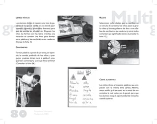 80
Propuesta Educativa
Multigrado 2005
LETRAS MÓVILES
Los alumnos dictan al maestro una lista de pa-
labras de lo que se vende en una tienda (por
ejemplo: juguetes y productos diversos) para
que las escriba en el pizarrón. Después los
niños las forman con las letras móviles; una
variación es cambiar una letra para formar
otras palabras y las escribirán en su cuaderno.
(Revisar la ﬁcha 4.)
GRAFÓMETRO
Formar palabras a partir de un tema,por ejem-
plo, la comida preferida de los niños, y pre-
guntar ¿cuántas letras tiene la palabra?, ¿con
qué letra comienza? y ¿con qué letra termina?
(Consultar la ﬁcha 36.)
RULETA
Seleccionar ocho sílabas que se escriben en
un círculo de cartulina; los niños pasan a girar
la ruleta y forman palabras de dos o tres síla-
bas, las escriben en su cuaderno y entre todos
comentan qué signiﬁcado tienen.(Consultar la
ﬁcha 12.)
CARTA ALFABÉTICA
Los niños dictan al maestro palabras que em-
piecen con la misma letra (árbol, Alberto,
amor, ardilla) y él las anota en la mitad de una
cartulina, la cual coloca en la pared, para que
los alumnos tenga la oportunidad de revisarlas
cuando quieran.
 