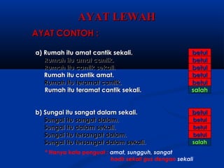 AYAT LEWAH
AYAT CONTOH :

a) Rumah itu amat cantik sekali.                       betul
   Rumah itu amat cantik.                              betul
   Rumah itu cantik sekali.                            betul
   Rumah itu cantik amat.                              betul
   Rumah itu teramat cantik.                           betul
   Rumah itu teramat cantik sekali.                    salah


b) Sungai itu sangat dalam sekali.                     betul
   Sungai itu sangat dalam.                            betul
   Sungai itu dalam sekali.                            betul
   Sungai itu tersangat dalam.                         betul
   Sungai itu tersangat dalam sekali.                  salah
   * Hanya kata penguat : amat, sungguh, sangat
                          hadir sekali gus dengan sekali
 