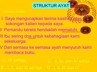 STRUKTUR AYAT
 Contoh soalan:

  I Saya mengucapkan terima kasih di atas
     sokongan kalian kepada saya.
II Pemandu kere...