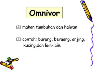 Omnivor
 makan tumbuhan dan haiwan
 contoh: burung, beruang, anjing,
kucing,dan lain-lain.

 
