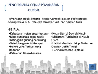 PENGERTIAN& GEJALA PEMANASAN
GLOBAL
Pemanasan global (Inggris : global warming) adalah suatu proses
meningkatnya suhu rata-rata atmosfer, laut, dan daratan bumi.
•Kebakaran hutan besar-besaran
•Situs purbakala cepat rusak
•Ketinggian gunung berkurang
•Satelit bergerak lebih cepat
•Hanya yang Terkuat yang
Bertahan
•Pelelehan Besar-besaran
•Keganjilan di Daerah Kutub
•Mekarnya Tumbuhan di Kutub
Utara
•Habitat Makhluk Hidup Pindah ke
Dataran Lebih Tinggi
•Peningkatan Kasus Alergi
GEJALA:
 