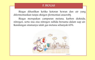 Biogas dihasilkan ketika kotoran hewan dan air yang
difermentasikan tanpa oksigen (fermentasi anaerob).
Biogas merupakan campuran metana, karbon dioksida,
nitrogen, serta sisa-sisa nitrogen sulfida bersama dalam uap air.
Kandungan utamanya ialah gas metana sebanyak 65%.
F. BIOGAS
 