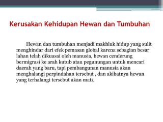 Kerusakan Kehidupan Hewan dan Tumbuhan
Hewan dan tumbuhan menjadi makhluk hidup yang sulit
menghindar dari efek pemasan global karena sebagian besar
lahan telah dikuasai oleh manusia, hewan cenderung
bermigrasi ke arah kutub atau pegunungan untuk mencari
daerah yang baru, tapi pembangunan manusia akan
menghalangi perpindahan tersebut , dan akibatnya hewan
yang terhalangi tersebut akan mati.
 