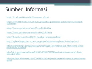 Sumber Informasi
https://id.wikipedia.org/wiki/Pemanasan_global
http://www.artikelsiana.com/2015/03/pengertian-pemanasan-global-penyebab-dampak-
akibat.html
https://www.youtube.com/watch?v=sgE17KcxR44
https://www.youtube.com/watch?v=HayUzBFb0e4
http://lh.surabaya.go.id/weblh/?c=main&m=pemanasanglobal
http://hipbeat.blogspot.co.id/2014/10/geografi-pemanasan-global-di-surabaya.html
http://nasional.tempo.co/read/news/2013/05/08/206478879/taman-jadi-hitam-risma-cemas-
polusi-udara-surabaya
http://tekno.tempo.co/read/news/2015/09/18/061701652/studi-polusi-udara-bunuh-3-juta-
orang-per-tahun
http://surabaya.tribunnews.com/2014/04/24/risma-ajak-warga-peduli-polusi-dan-pemanasan-
global
 