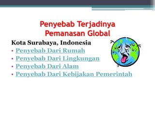Penyebab Terjadinya
Pemanasan Global
Kota Surabaya, Indonesia
• Penyebab Dari Rumah
• Penyebab Dari Lingkungan
• Penyebab Dari Alam
• Penyebab Dari Kebijakan Pemerintah
 