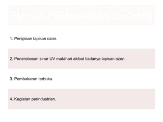 PUNCA PEMANASAN GLOBAL
1. Penipisan lapisan ozon.
2. Penerobosan sinar UV matahari akibat tiadanya lapisan ozon.
3. Pembakaran terbuka.
4. Kegiatan perindustrian.
 