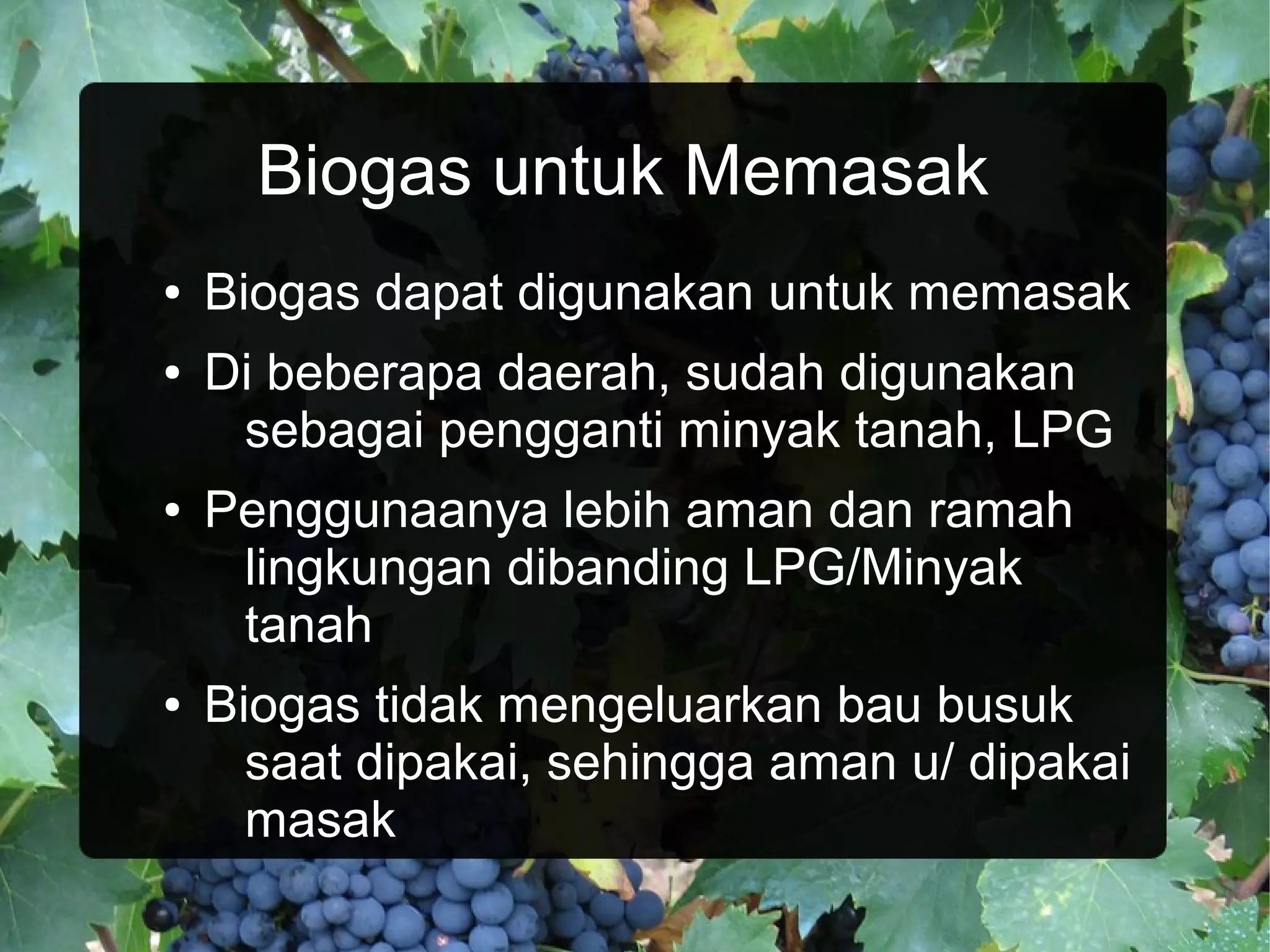 Biogas untuk Memasak
●   Biogas dapat digunakan untuk memasak
●   Di beberapa daerah, sudah digunakan
     sebagai pengganti minyak tanah, LPG
●   Penggunaanya lebih aman dan ramah
     lingkungan dibanding LPG/Minyak
     tanah
●   Biogas tidak mengeluarkan bau busuk
      saat dipakai, sehingga aman u/ dipakai
      masak
 