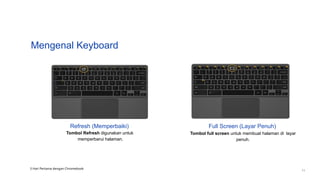 Mengenal Keyboard
Refresh (Memperbaiki)
Tombol Refresh digunakan untuk
memperbarui halaman.
Full Screen (Layar Penuh)
Tombol full screen untuk membuat halaman di layar
penuh.
3 Hari Pertama dengan Chromebook
11
 