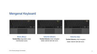 Mengenal Keyboard
Mute (Bisu)
Tombol Bisu digunakan untuk
membisukan suara.
Volume (Down)
Tombol Volume untuk mengatur
kadar volume naik dan turun.
3 Hari Pertama dengan Chromebook
13
Volume (Up)
Tombol Volume untuk mengatur
kadar volume naik dan turun.
 