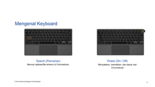 Mengenal Keyboard
Search (Pencarian)
Mencari aplikasi/file tertentu di Chromebook.
Power (On / Off)
Menyalakan, mematikan, dan keluar dari
Chromebook.
3 Hari Pertama dengan Chromebook
14
 