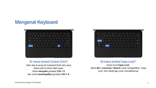 Mengenal Keyboard
Di mana tombol Control (Ctrl)?
Satu ada di ujung kiri keyboard Anda dan yang
kedua ada di kanan bilah spasi.
Untuk menyalin gunakan Ctrl + C
dan untuk menempelkan gunakan Ctrl + V.
Di mana tombol Caps Lock?
Untuk huruf Caps Lock,
tekan Alt + Launcher / Search untuk mengaktifkan Caps
Lock. Dan sekali lagi untuk mematikannya.
3 Hari Pertama dengan Chromebook
15
 