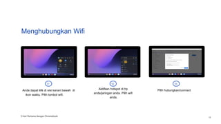 Menghubungkan Wifi
01 02 03
Anda dapat klik di sisi kanan bawah di
ikon waktu. Pilih tombol wifi.
Aktifkan hotspot di hp
anda/jaringan anda. Pilih wifi
anda.
Pilih hubungkan/connect
3 Hari Pertama dengan Chromebook
18
 