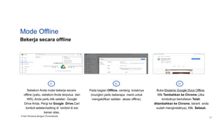 Mode Offline
Bekerja secara offline
01 02 03
Sebelum Anda mulai bekerja secara
offline (yaitu, sebelum Anda terputus dari
Wifi), Anda perlu klik setelan Google
Drive Anda. Pergi ke Google Drive.Cari
tombol setelan/setting di tombol di sisi
kanan atas.
Pada bagian Offline, centang kotaknya
(mungkin perlu beberapa menit untuk
mengaktifkan setelan akses offline).
Buka Ekstensi Google Docs Offline.
Klik Tambahkan ke Chrome (Jika
tombolnya bertuliskan Telah
ditambahkan ke Chrome, berarti anda
sudah menginstalnya), Klik Selesai.
3 Hari Pertama dengan Chromebook
25
 