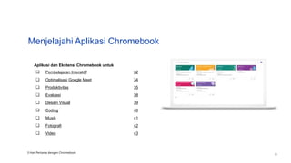 Aplikasi dan Ekstensi Chromebook untuk
❏ Pembelajaran Interaktif
❏ Optimalisasi Google Meet
❏ Produktivitas
❏ Evaluasi
❏ Desain Visual
❏ Coding
❏ Musik
❏ Fotografi
❏ Video
32
34
35
38
39
40
41
42
43
Menjelajahi Aplikasi Chromebook
3 Hari Pertama dengan Chromebook
31
 