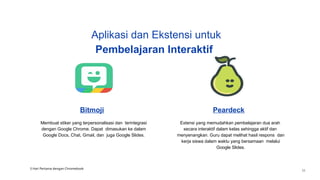 Bitmoji
Membuat stiker yang terpersonalisasi dan terintegrasi
dengan Google Chrome. Dapat dimasukan ke dalam
Google Docs, Chat, Gmail, dan juga Google Slides.
Peardeck
Extensi yang memudahkan pembelajaran dua arah
secara interaktif dalam kelas sehingga aktif dan
menyenangkan. Guru dapat melihat hasil respons dan
kerja siswa dalam waktu yang bersamaan melalui
Google Slides.
Aplikasi dan Ekstensi untuk
Pembelajaran Interaktif
3 Hari Pertama dengan Chromebook
33
 