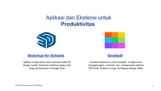 Sketchup for Schools
Aplikasi ini digunakan untuk membuat model 3D
dengan mudah. Anda bisa membuat apapun dan
langsung tersimpan di Google Drive.
Smallpdf
Gunakan ekstensi ini untuk mengedit, mengkonversi,
menggabungkan, memisah, dan mengkompres halaman
PDF Anda. Ekstensi ini juga terintegrasi dengan GMail.
Aplikasi dan Ekstensi untuk
Produktivitas
3 Hari Pertama dengan Chromebook
37
 