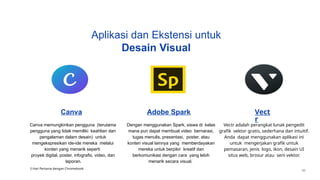 Aplikasi dan Ekstensi untuk
Desain Visual
Canva
Canva memungkinkan pengguna (terutama
pengguna yang tidak memiliki keahlian dan
pengalaman dalam desain) untuk
mengekspresikan ide-ide mereka melalui
konten yang menarik seperti
proyek digital, poster, infografis, video, dan
laporan.
Adobe Spark
Dengan menggunakan Spark, siswa di kelas
mana pun dapat membuat video bernarasi,
tugas menulis, presentasi, poster, atau
konten visual lainnya yang memberdayakan
mereka untuk berpikir kreatif dan
berkomunikasi dengan cara yang lebih
menarik secara visual.
Vect
r
Vectr adalah perangkat lunak pengedit
graﬁk vektor gratis, sederhana dan intuitif.
Anda dapat menggunakan aplikasi ini
untuk mengerjakan graﬁk untuk
pemasaran, jenis logo, ikon, desain UI
situs web, brosur atau seni vektor.
3 Hari Pertama dengan Chromebook
39
 