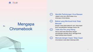 Mengapa
Chromebook
01
02
03
04
Memiliki Perlindungan Virus Bawaan
Jelajahi online dan offline bebas virus,
dimanapun Anda bekerja.
Baterai yang Membuat Anda Tetap
Menyala
Dengan masa pakai baterai 8+ jam, Anda dapat
fokus menyelesaikan berbagai macam hal.
Tidak Ada File yang Hilang
Semua data Anda diamankan dengan
pencadangan berbasis cloud, sehingga Anda
dapat bekerja tanpa khawatir.
Memulai dengan Cepat, Tetap Cepat
Chromebook mulai dalam beberapa detik.
3 Hari Pertama dengan Chromebook
5
 