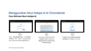 Menggunakan Akun belajar.id di Chromebook
Cara Aktivasi Akun belajar.id
01 02 03
3 Hari Pertama dengan Chromebook
7
Buka mail.google.com di Browser
Chrome lalu masuk menggunakan
akun yang Anda dapat (@belajar.id).
Anda akan dapat klik tombol
Accept setelah membaca
Google Terms of Service &
Privacy Policy.
Folder Anda sudah tersimpan
otomatis di Google Drive Anda.
 