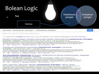 Bolean Logic
Ketahanan
pangan
Kebijakan
panganNot-
Hasilnya
 