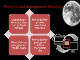 Referens tool management Mendeley
Menghindari
kemungkinan
dan potensi
“plagiat”
Memudahkan
proses
penulisan
referensi
Memudahkan
penggantian
model sitasi
Memudahkan
pengguna
dalam
mengelola
file
 