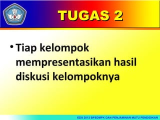 TUGAS 2
• Tiap kelompok
mempresentasikan hasil
diskusi kelompoknya

 