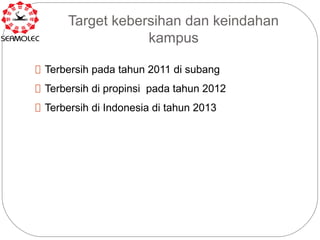 Target kebersihan dan keindahan
                  kampus

 Terbersih pada tahun 2011 di subang

 Terbersih di propinsi pada tahun 2012

 Terbersih di Indonesia di tahun 2013
 