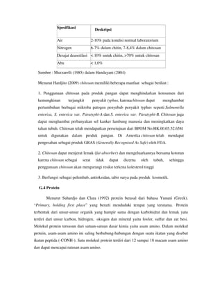 Spesifikasi Deskripsi
Air 2-10% pada kondisi normal laboratorium
Nitrogen 6-7% dalam chitin, 7-8,4% dalam chitosan
Derajat deasetilasi < 10% untuk chitin, >70% untuk chitosan
Abu < 1,0%
Sumber : Muzzarelli (1985) dalam Handayani (2004)
Menurut Hardjito (2009) chitosan memiliki beberapa manfaat sebagai berikut :
1. Penggunaan chitosan pada produk pangan dapat menghindarkan konsumen dari
kemungkinan terjangkit penyakit typhus, karenachitosan dapat menghambat
pertumbuhan berbagai mikroba patogen penyebab penyakit typhus seperti Salmonella
enterica, S. enterica var. Paratyphi-A dan S. enterica var. Paratyphi-B. Chitosan juga
dapat menghambat perbanyakan sel kanker lambung manusia dan meningkatkan daya
tahan tubuh. Chitosan telah mendapatkan persetujuan dari BPOM No.HK.00.05.52.6581
untuk digunakan dalam produk pangan. Di Amerika chitosan telah mendapat
pengesahan sebagai produk GRAS (Generally Recognised As Safe) oleh FDA.
2. Chitosan dapat menjerat lemak (fat absorber) dan mengeluarkannya bersama kotoran
karena chitosan sebagai serat tidak dapat dicerna oleh tubuh, sehingga
penggunaan chitosan akan mengurangi resiko terkena kolesterol tinggi
3. Berfungsi sebagai pelembab, antioksidan, tabir surya pada produk kosmetik.
G.4 Protein
Menurut Suhardjo dan Clara (1992) protein berasal dari bahasa Yunani (Greek).
“Primary, holding first place” yang berarti menduduki tempat yang terutama. Protein
terbentuk dari unsur-unsur organik yang hampir sama dengan karbohidrat dan lemak yatu
terdiri dari unsur karbon, hidrogen, oksigen dan mineral yaitu fosfor, sulfur dan zat besi.
Molekul protein tersusun dari satuan-satuan dasar kimia yaitu asam amino. Dalam molekul
protein, asam-asam amino ini saling berhubung-hubungan dengan suatu ikatan yang disebut
ikatan peptida (-CONH-). Satu molekul protein terdiri dari 12 sampai 18 macam asam amino
dan dapat mencapai ratusan asam amino.
 