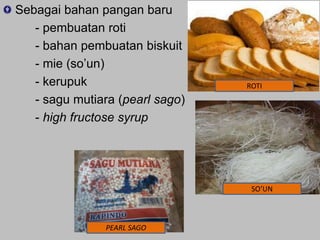 Sebagai bahan pangan baru
- pembuatan roti
- bahan pembuatan biskuit
- mie (so’un)
- kerupuk
- sagu mutiara (pearl sago)
- high fructose syrup

ROTI

SO’UN

PEARL SAGO

 