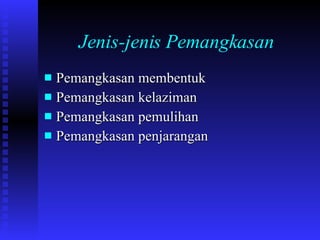 Jenis-jenis Pemangkasan Pemangkasan membentuk Pemangkasan kelaziman Pemangkasan pemulihan Pemangkasan penjarangan 